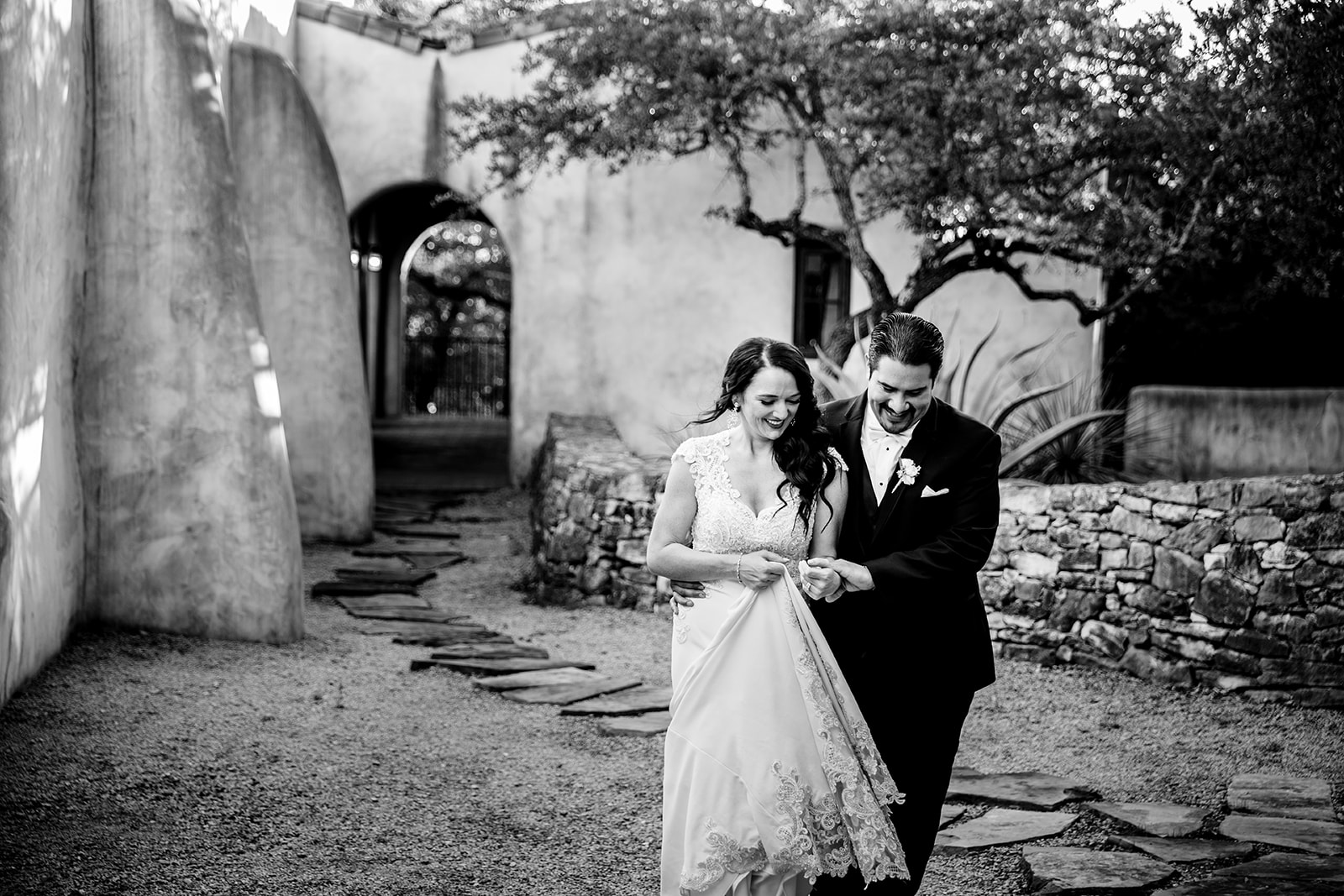 Bride and groom portraits on the grounds of Lost Mission