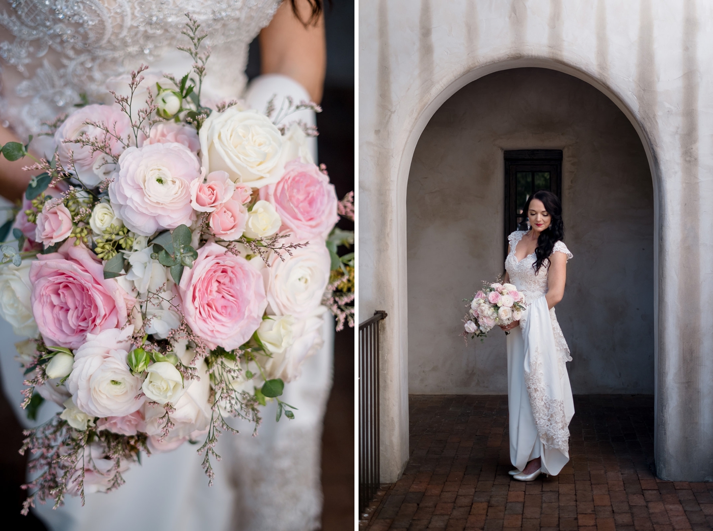 Bridal bouquet with blush roses, ranunculus, and hydrangeas